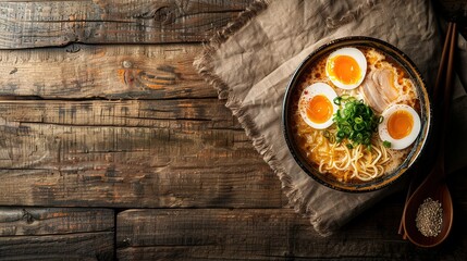 Miso Ramen Asian noodles with egg, enoki and pak choi cabbage in bowl on wooden background