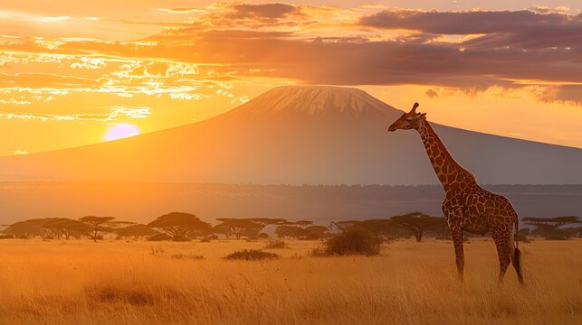 Mother and baby giraffes walking together through the savana at sunset