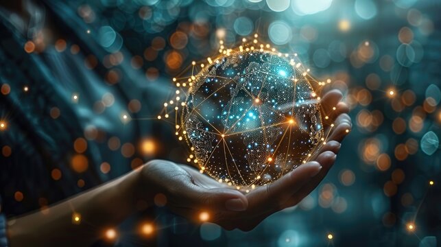 Hand holding a glowing digital globe with network connections, representing global communication, technology, and innovation.