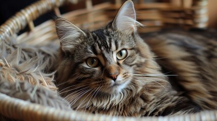A charming domestic cat with a brown coat lounging indoors