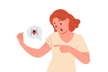 Infectious tick bitten woman hand and is sucking blood, risking infecting with dangerous disease or infection. Deer tick bite spreading illnesses and threatening life of shocked girl