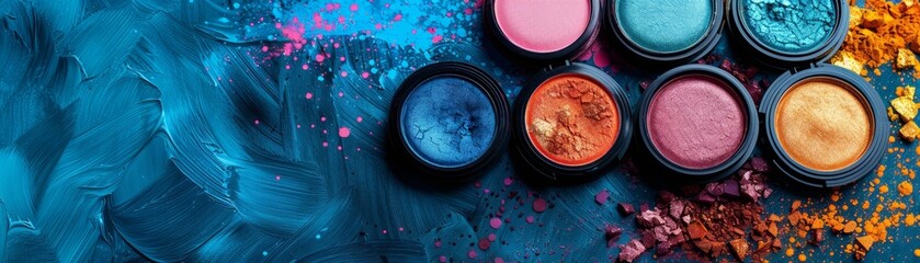 Vibrant eyeshadow palettes with a mix of colors and textures on a blue background. Perfect for beauty and makeup themes.