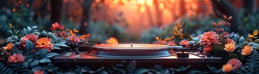 Obraz premium Vintage turntable surrounded by flowers in a serene forest setting, capturing the essence of nature and music in harmony.
