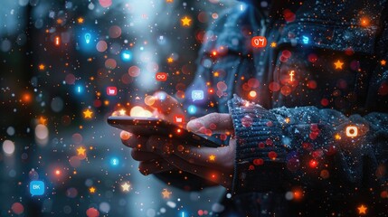 Person using a smartphone with colorful social media icons and lights overlayed, creating a digital vibrant atmosphere in an urban setting.
