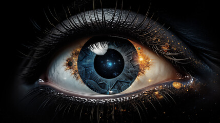 Cosmic Vision: Mystical Eye with Galactic Core Reflection. Generative AI