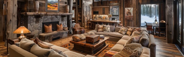 Rustic style living room with lots of robust wooden furniture. Interior. Generative AI