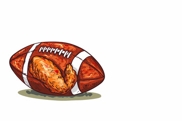 Ballon de football américain avec aile de dinde illustrant la combinaison humoristique du sport football américain lors de Thanksgiving, sur fond blanc espace négatif, copyspace 4ème jeudi novembre