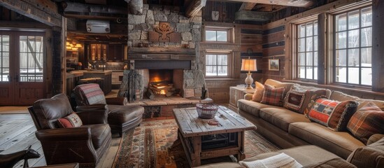 Rustic style living room with lots of robust wooden furniture. Interior. Generative AI