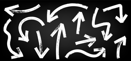 Brush, chalk drawn bold arrows set. Collection of hand drawn doodle  thick arrows in different directions