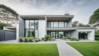 Fototapeta premium Sleek Modern House: Gray and White Exterior with Lush Landscaping