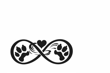 Symbole d'infini avec empreintes de pattes et un cœur, représentant l'amour éternel pour les animaux, fond blanc minimaliste copyspace