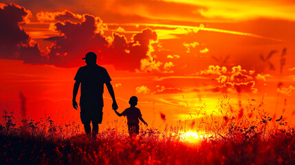 Fototapeta premium Father And Child Enjoying Their Time At Sunset Evening, Happy Father's Day