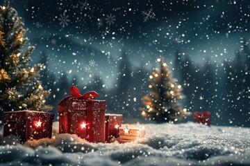 Wrapped Red Christmas gifts, golden ribbons, bow against a light blue winter snowy decorated trees. Snow particles dust, Xmas lights bokeh. Festive wide banner template with space for text, montage