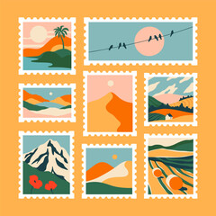 Set of retro nature landscape post card stamp. Vintage style natural environment scenery postage sticker collection, travel destination mail, beautiful tourism scenery. Includes mountain, beach view.