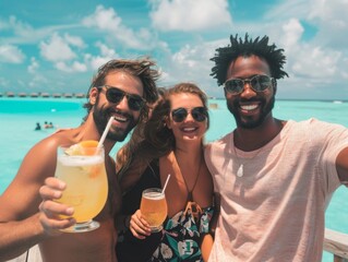 Group of happy and optimistic young people get together on vacation in Maldives in summer to celebrate summer party, lifestyle, summer drinks, beer festival, cocktails, lemonade, travel, multicultural