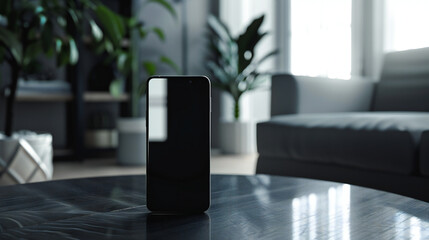 Black Phone Display in Modern Home - A black phone displayed in a modern home setting, perfect for showcasing app and interface designs.