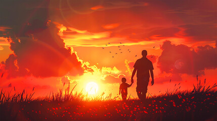 Father And Child Enjoying Their Time At Sunset Evening, Happy Father's Day