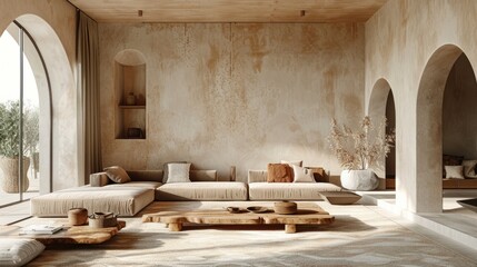 In a modern traditional Moroccan living room The front view showcases a simple yet elegant design.   The sofa has clean lines and minimalist details. Create a space that is both attractive and stylish