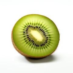 Ripe whole kiwi fruit and half kiwi fruit isolated on white background. AI generated image.