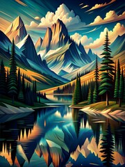 Illustration of a serene national park scene with towering mountains, lush forests, and a still lake reflecting the scenery, landscape for travel outdoor
