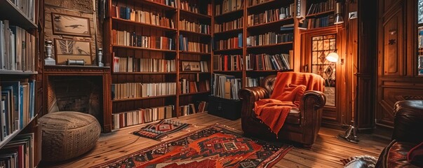 Cozy home library with bookshelves, a comfortable armchair, lamp, and vintage decor, creating a warm and inviting reading space.