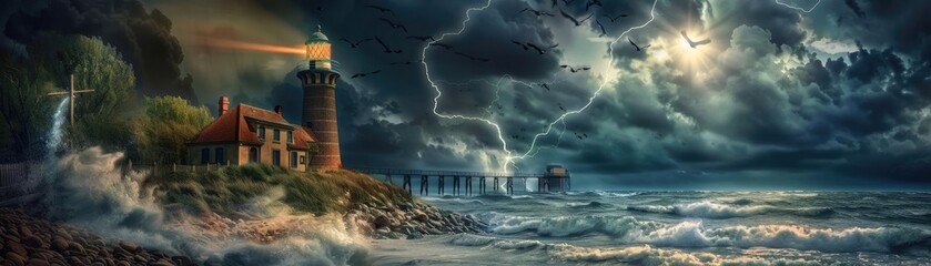 Dramatic lighthouse scene during a powerful storm with lightning striking the ocean and dark, ominous clouds overhead.
