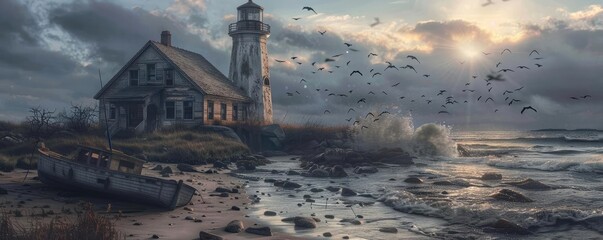 Eerie coastal scene with an abandoned lighthouse and house during sunset, with dark clouds, waves crashing, and seagulls flying.