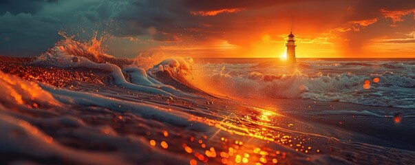 Stunning sunset over an ocean with a lighthouse in the distance, waves crashing dramatically. Bright orange, red and muted blue hues create a dramatic scene.