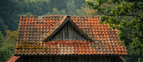 Mossy, old tiles on an old house. Generative AI