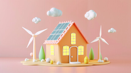 3D Illustration of an Eco-Friendly House with Solar Panels and Wind Turbines on a Pink Background