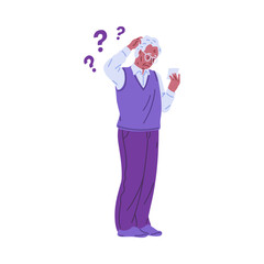 Detailed vector illustration of an elderly man with glasses suffering from memory loss