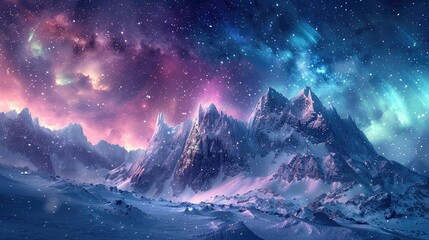 A photo of a snowy mountain with crystalline ice structures, a night sky with northern lights and twinkling stars in the background
