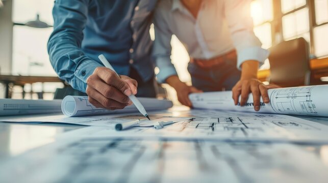 engineer and an architect reviewing blueprints and construction plans together at a bustling construction site