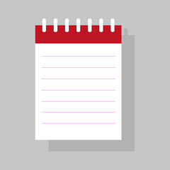Notepad Vector icon. Blank lined paper design. Red spiral notebook graphic. Office supply representation.