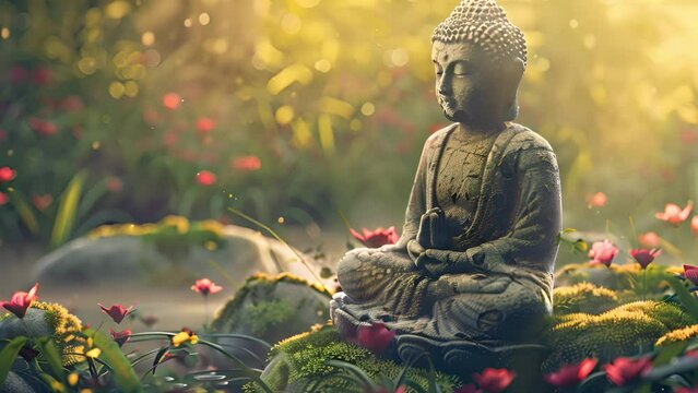 A Buddha statue placed on top of a vibrant green field under the clear sky.