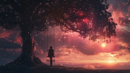 Amidst the enchanting panorama of a distant galaxy, a solitary figure, a man, stands on a celestial swing that sways gently in the soft breeze of a pink-hued sunset. 
