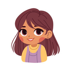 Cute cartoon little girl with dark hair on a white background isolated. Trendy anime style. Print for tshirt for kids