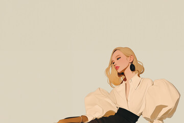 Femme mannequin ou model blonde, cheveux au carré, assise avec une chemise  bouffante aux manches ballon, et jupe noire crayon, et des boucles d'oreilles sur un fond neutre espace négatif copyspace