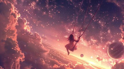 In the heart of a celestial wonderland, a young girl revels in the joy of her surroundings as she swings gracefully through the cosmos.
