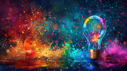 An illuminated or glowing lightbulb on a dark background with data and information analysis. The bulb represents new ideas, innovation, creativity, understanding, knowledge, and inspiration. Glowing. 