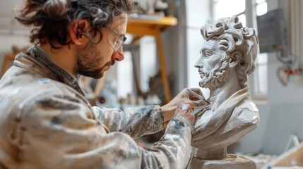 Obraz premium Sculptor working on a statue, focused and creative, artistic expression, studio setting, intricate details, hands-on process, bright and inspiring, copy space.