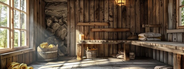 rustic sauna cabin, where can you relax. Geerative AI