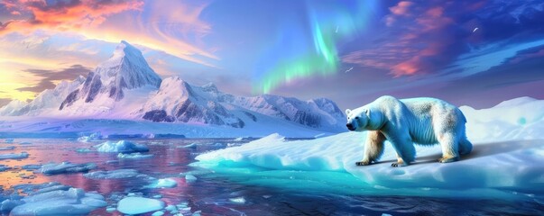 A majestic polar bear stands on an ice floe under a vibrant aurora borealis sky, surrounded by stunning frozen Arctic scenery.