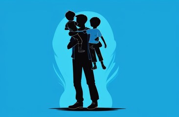 Dad holds his two sons on solid blue background