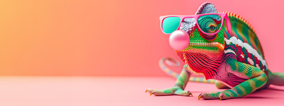 Colorful Chameleon with Sunglasses Blowing Bubble Gum - Fun and Whimsical Animal Portrait for Print, Card, Poster