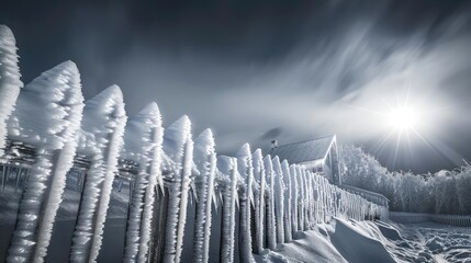 A stunning winter scene with a frost-covered fence and the sun breaking through the clouds over a snowy landscape, creating a magical atmosphere.