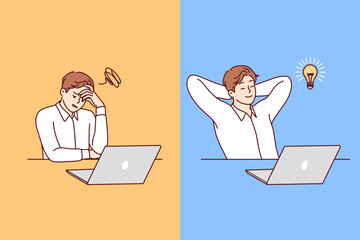 Pensive man office employee relaxing, coming up with good idea for startup, sitting near laptop. Business guy before and after idea appearance for completing task or getting new high paying job