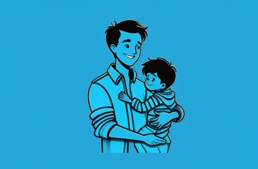 Dad holds his son on solid blue background