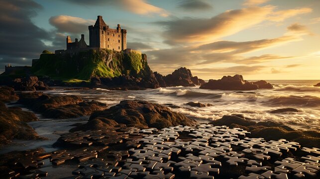  A castle on rocky beach shore,