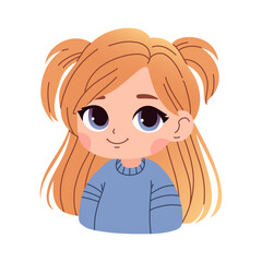 Cute cartoon little girl with blonde hair on a white background isolated. Trendy anime style. Print for tshirt for kids